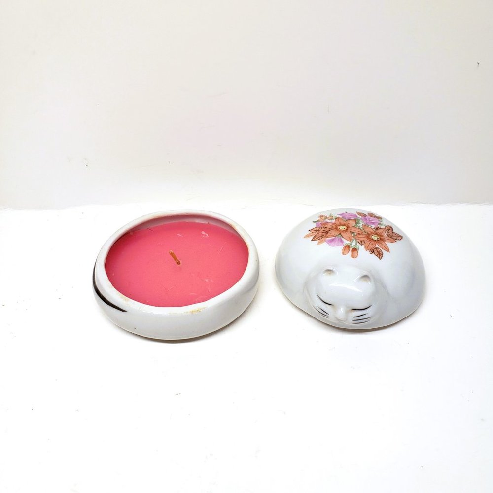 Sleeping Cat Box Pink Candle Trinket Porcelain Brown Flowers Vintage Taiwan